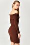 Brown Carmen Collar Long Sleeve Knitted Dress - 4