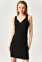 Black Ribbed Dress with Tape Strap - 2