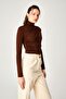 Brown Polyamide Stand Collar Draped Blouse - 3