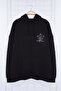 Siyah Oversize/Geniş Kesim Kapüşonlu Çiçek Baskılı İçi Polar/Sıcak Tutan Sweatshirt TMNAW24SW00100 - 7