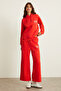 Eludne Women's Embroidered Hooded Kangaroo Pocket 3 Thread Raised Red Sweatshirt - 3