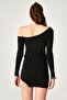 Black Glitter Asymmetrical Collar Long Sleeve Blouse - 5