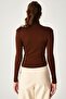 Brown Polyamide Stand Collar Draped Blouse - 5