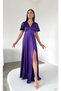 Women's Long Slit Bat Sleeve V-Neck Backless Evening Dress Engagement Henna Wedding Evening Gown Purple