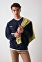 Off Men's Organic Cotton Text Embroidery Detailed V-Neck Fleece-Free Oversize Navy Blue Sweatshirt - 4