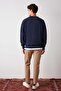 Off Men's Organic Cotton Text Embroidery Detailed V-Neck Fleece-Free Oversize Navy Blue Sweatshirt - 6