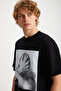 Elvis Men's Thick Textured Print Detailed Oversize Fit Loose Fit & 100% Organic Cotton Black T-Shirt - 5