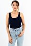 Women's Dark Blue Corded Tank Top - Basic Knitted with Thick Straps