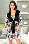 Satin Lace Detailed Nightgown and Dressing Gown Double Set 2073 Digital Print Floral Pattern Black - 2