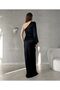 Black Satin Single Sleeve Slit Long Dress - 5