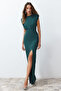 Petrol Padded Shoulders Woven Long Elegant Evening Dress TPRSS24AE00087 - 2