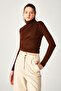 Brown Polyamide Stand Collar Draped Blouse - 4