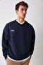 Off Men's Organic Cotton Text Embroidery Detailed V-Neck Fleece-Free Oversize Navy Blue Sweatshirt