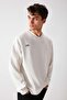 Off Men's Organic Cotton Text Embroidery Detailed V-Neck Fleece-Free Inside Oversize White Sweatshirt - 3