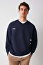 Off Men's Organic Cotton Text Embroidery Detailed V-Neck Fleece-Free Oversize Navy Blue Sweatshirt - 2