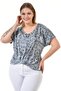 V Neck Python Pattern Front Knotted Oil Wash Tshirt-blue