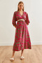 Women's Fuchsia Green Double Breasted Collar Elastic Waist Slit Woven Dress Elb-19002241 - 4