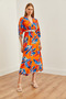 Women's Orange Palm Tree Double Breasted Collar Elastic Waist Slit Woven Dress Elb-19002241 - 7