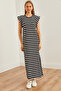 Women's Striped Black Underarm Piece Striped Midi Dress Elb- 19002242