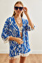 Women's Zebra Blue Tasseled Loose Knitted Kimono Kmn-00000056 - 3
