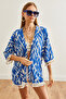 Women's Zebra Blue Tasseled Loose Knitted Kimono Kmn-00000056 - 5