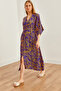 Purple Orange Double Breasted Collar - Elastic Waist Slit Women's Woven Dress ELB- 19002241