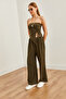 Women's Khaki Top Strapless Asymmetrical Blouse Bottom Palazzo Pants Set Tkm-19000299 - 3