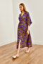 Purple Orange Double Breasted Collar - Elastic Waist Slit Women's Woven Dress ELB- 19002241 - 4