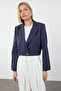 Navy Blue Regular Crop Striped Woven Blazer Jacket Twoss23Bc00029
