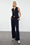 Koyu Lacivert Yüksek Bel Wide Leg/Geniş Paça Pilili Dokuma Kumaş Pantolon TWOAW21PL0076 - 6