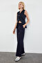Koyu Lacivert Yüksek Bel Wide Leg/Geniş Paça Pilili Dokuma Kumaş Pantolon TWOAW21PL0076 - 7