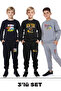 3-Piece Born-Brooklyn-Nyc Printed Boys' Round Neck Double Pocket Yellow-Grey-Navy Blue Tracksuit Set