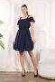 Navy blue women's dress with ruffled shoulder - 6