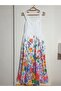 Women's Thick Strapped Square Neck Floral Dress with Elastic Back and Knee-Length Midi Length - 4