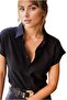 Women's Black Linen Batwing Short Sleeve Shirt with Buttons