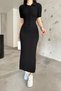 Women's Black Corded Long Summer Polo Collar Knitwear Dress - 2