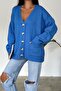 Women's Blue Standard Size Double Pocket Button Detailed Off-Shoulder Oversize Knitwear Cardigan - 3