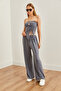 Women's Smoked Top Strapless Asymmetrical Blouse Bottom Palazzo Pants Set Tkm-19000299 - 4
