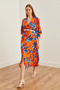 Women's Orange Palm Tree Double Breasted Collar Elastic Waist Slit Woven Dress Elb-19002241 - 4