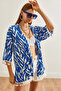 Women's Zebra Blue Tasseled Loose Knitted Kimono Kmn-00000056 - 4