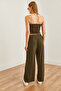 Women's Khaki Top Strapless Asymmetrical Blouse Bottom Palazzo Pants Set Tkm-19000299 - 5