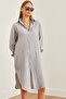 Women's Gray Side Oval Slit Muslin Shirt Dress Elb- 19002243