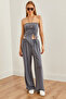 Women's Smoked Top Strapless Asymmetrical Blouse Bottom Palazzo Pants Set Tkm-19000299