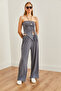 Women's Smoked Top Strapless Asymmetrical Blouse Bottom Palazzo Pants Set Tkm-19000299 - 2