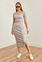 Women's Gray Pool Neck Crop Blouse Slit Pencil Skirt Suit Tkm- 19000300 - 3