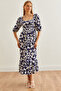 Women's Leopard Navy Blue Robe Gimped Midi Knitted Dress Elb- 19002108
