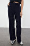 Koyu Lacivert Yüksek Bel Wide Leg/Geniş Paça Pilili Dokuma Kumaş Pantolon TWOAW21PL0076 - 9