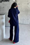 Women's Navy Blue Shirt Collar Buttoned Hijab Top and Bottom Knitwear Set - 6
