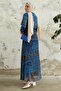 Viera Shawl Patterned Blue Chiffon Dress with Belted Collar - 5