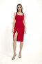 Red Midi Dress - Zero Sleeve, Square Collar, Knitted Draped - 2